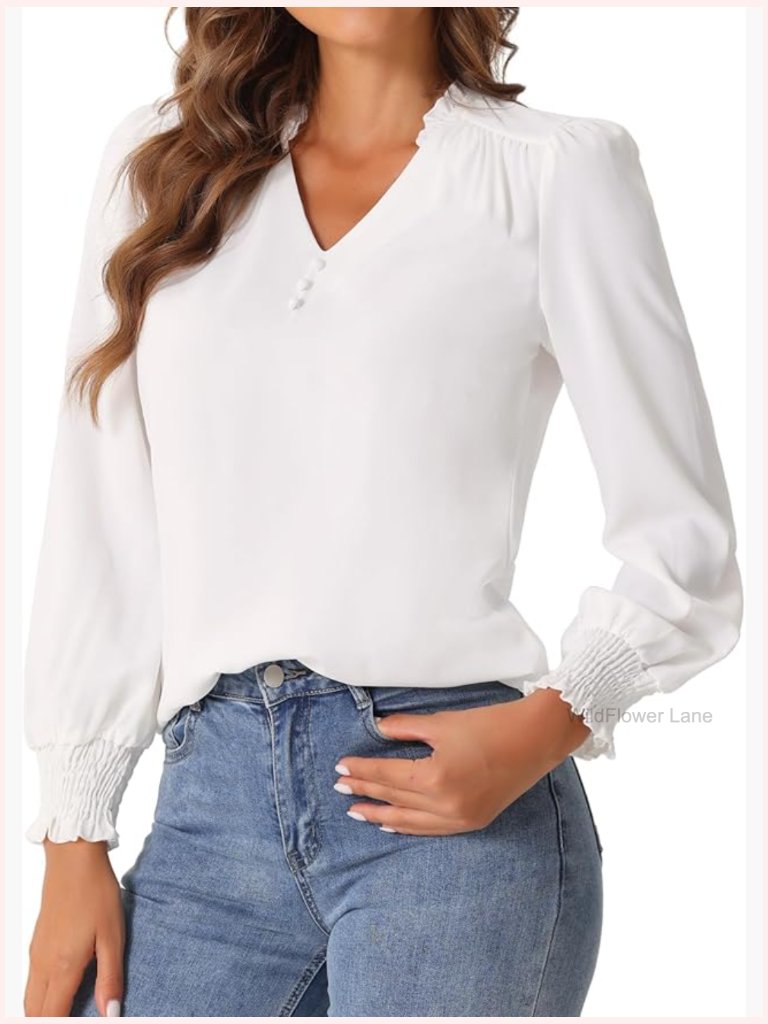 Vintage Ruffle V Neck Puff Long Sleeve Blouse Top Dressy Casual Work Shirt